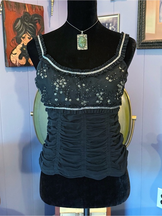 Vintage Tops - Vintage Y2K Flora Nikrooz Beaded Sheer Black Ruched Mesh Fairycore Top Size M
